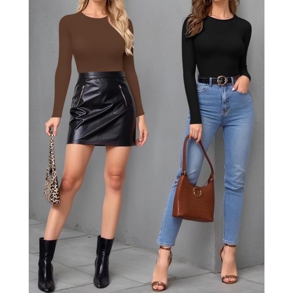 MANGOPOP Women's Square Neck Long Sleeve Tops Bodysuit brown Medium - Picture 6 of 6